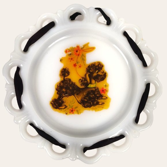 Vintage Victorian Lattice Edge Milk Glass Plate Black Poodles & Hanging Ribbon - Picture 1 of 7